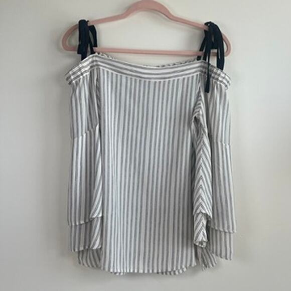 LOFT Blouse Off Shoulder Tier Bell Sleeve Ribbon Striped White Black Size Small - Picture 1 of 10